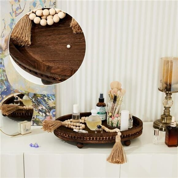 Wood Beaded Farmhouse Tray Oval Wooden Coffee Table Decor Serving Kitchen - Picture 5 of 7
